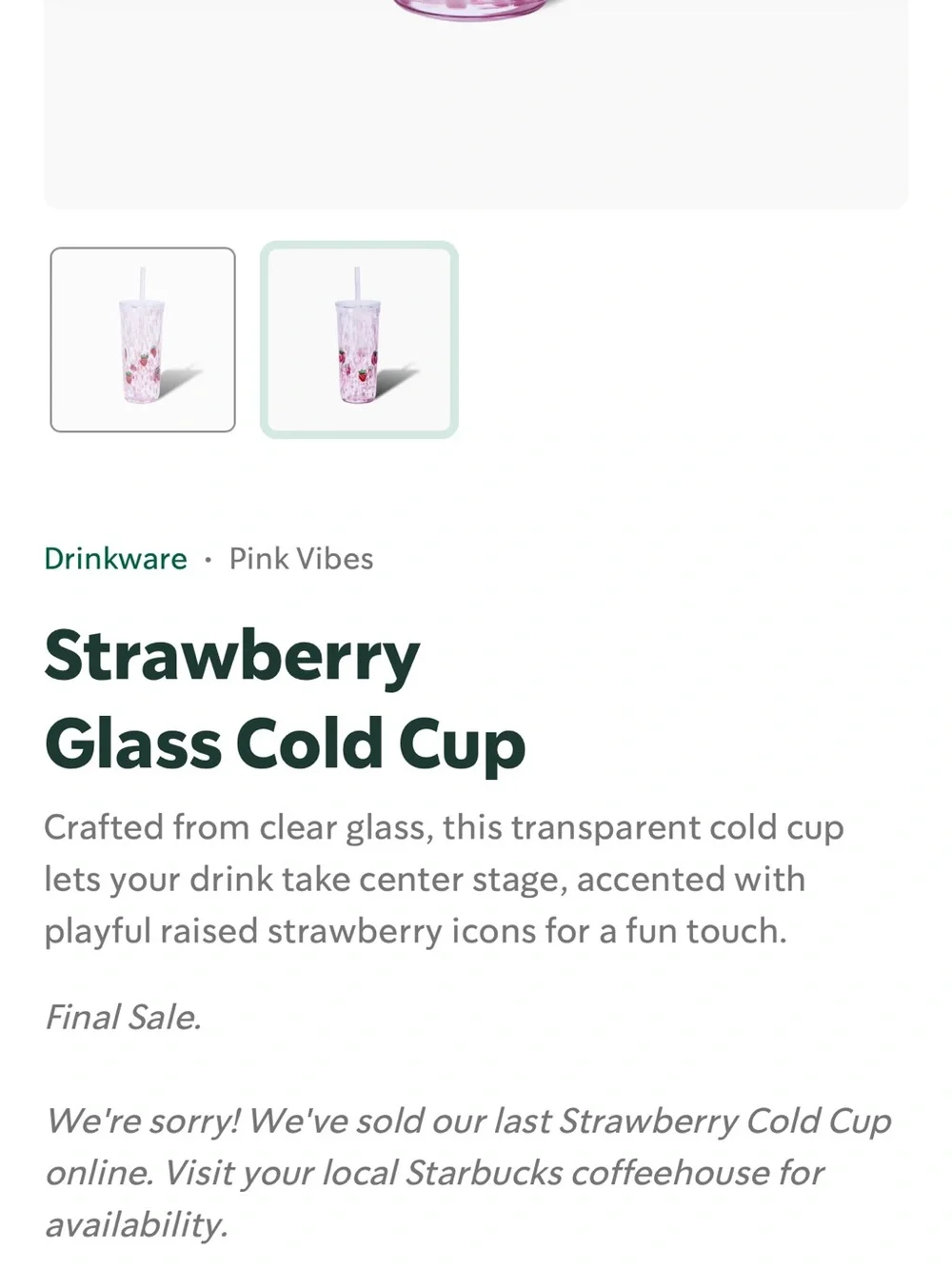NWT! Starbucks Pink Vibes Glass Strawberry Cold Cup!